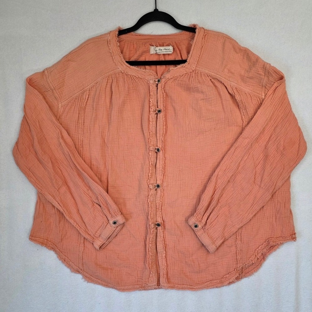 Free People We The Free Gauze Blouse L Peach Cotton Raw Hem Boho Oversized Top